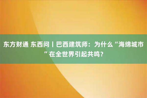 东方财通 东西问丨巴西建筑师：为什么“海绵城市”在全世界引起共鸣？